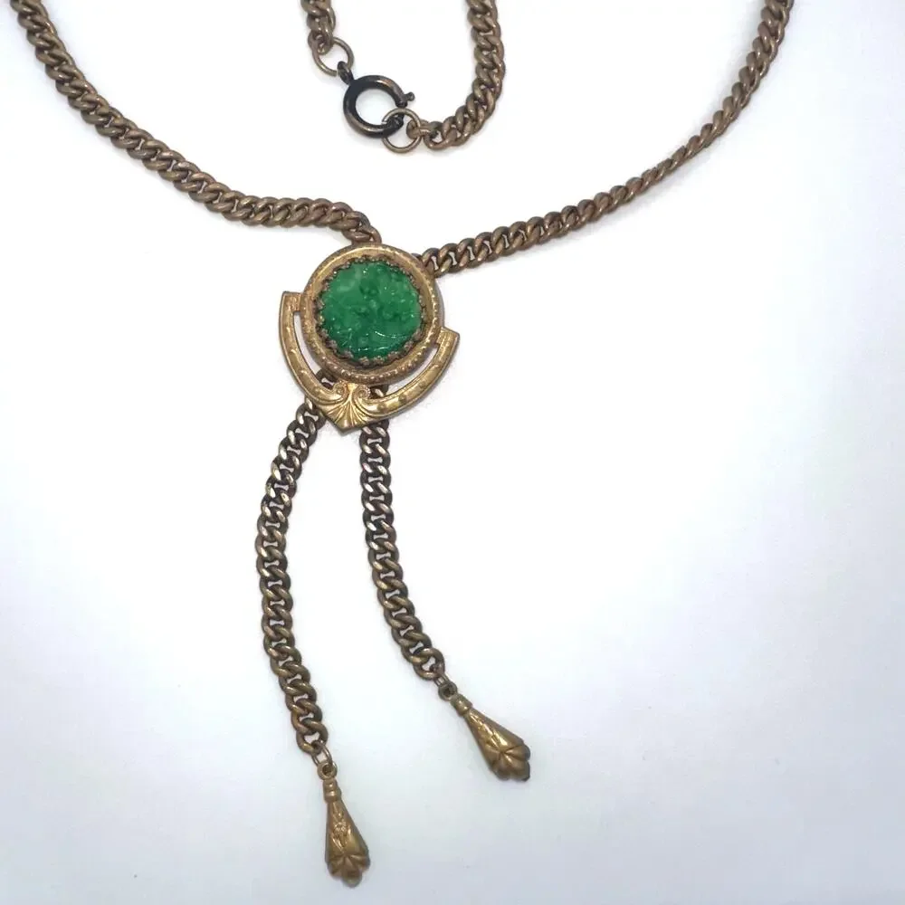 Antique vintage Victorian Revival brass molded green glass slider fob necklace